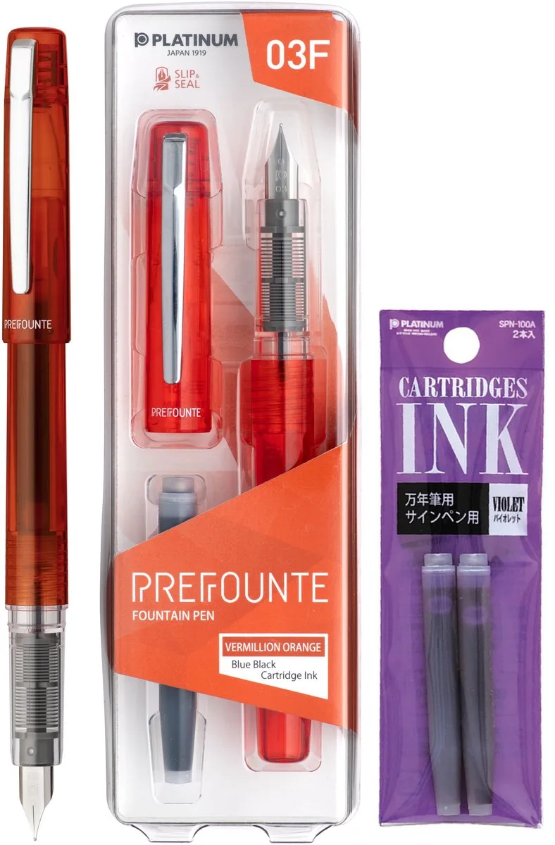 Prefounte Vulpen - Medium - Vermillion Orange - Met Paarse vullingen von Platinum in Orange – Produktfoto