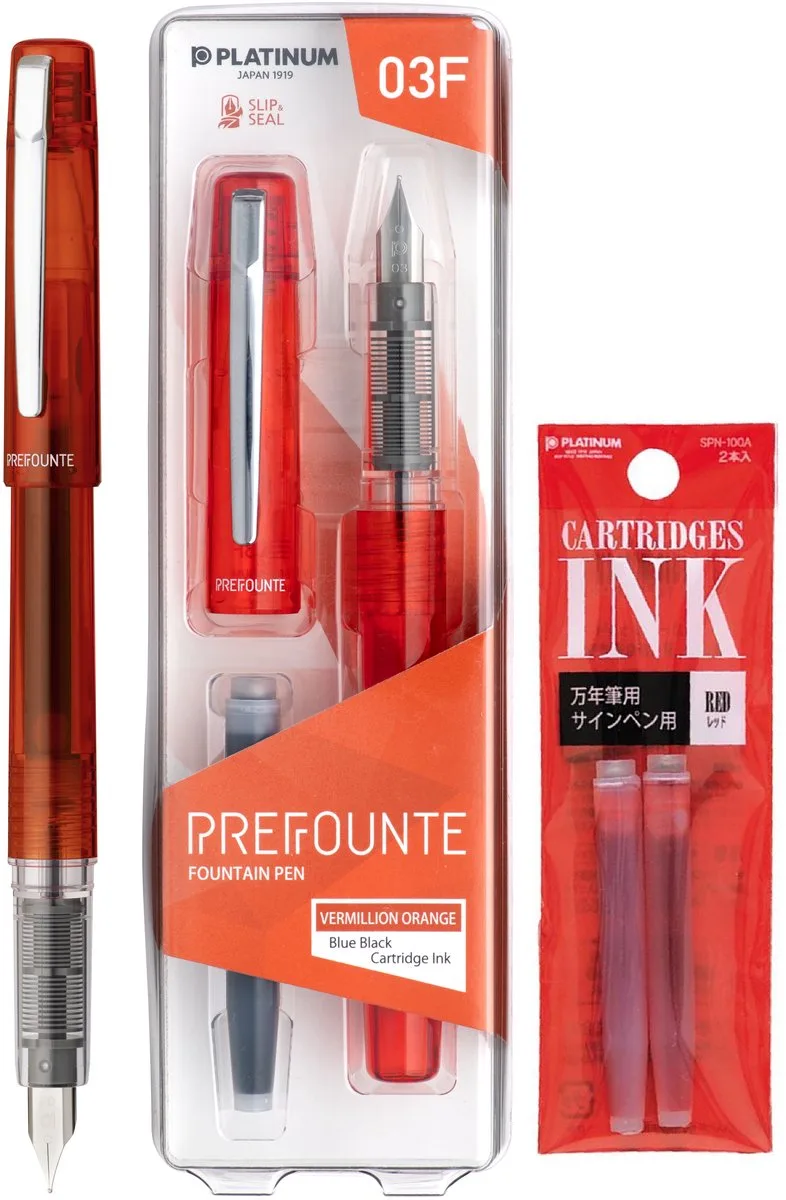 Prefounte Vulpen - Medium - Vermillion Orange - Met Rode vullingen van Platinum in Oranje – productfoto