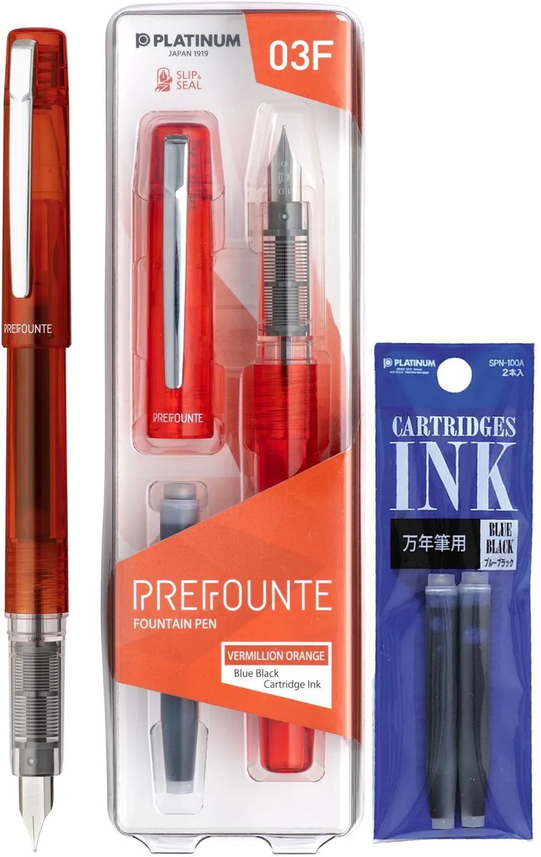 Prefounte Vulpen - Medium - Vermillion Orange - Met vullingen Blauw Zwart van Platinum in Oranje – productfoto