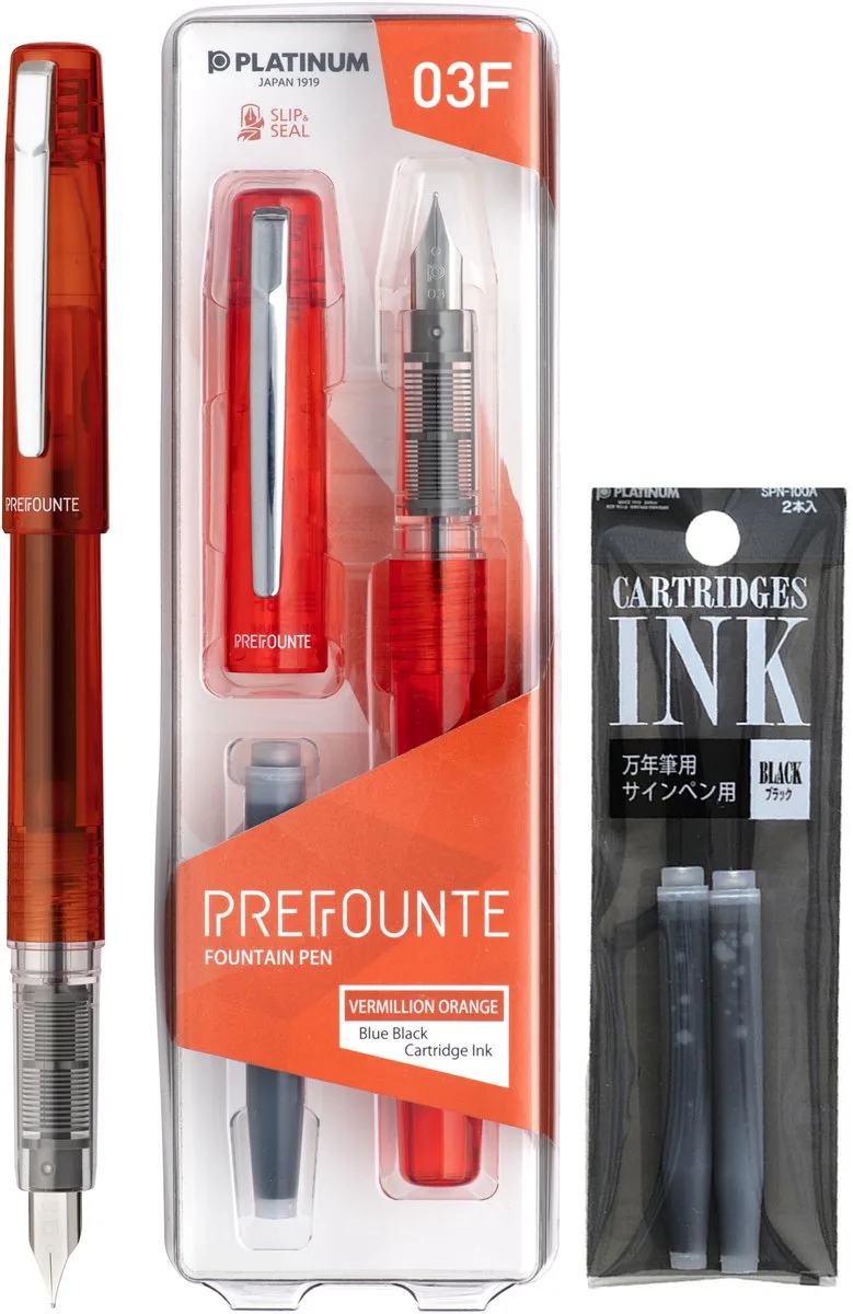 Prefounte Vulpen - Medium - Vermillion Orange - Met vullingen Zwart von Platinum in Orange – Produktfoto