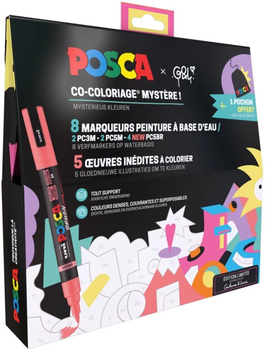 pigmentmarkers set Mysterieus, 8 markers, 5 kleursjablonen, watervast van Posca in Korallenrosa – productfoto