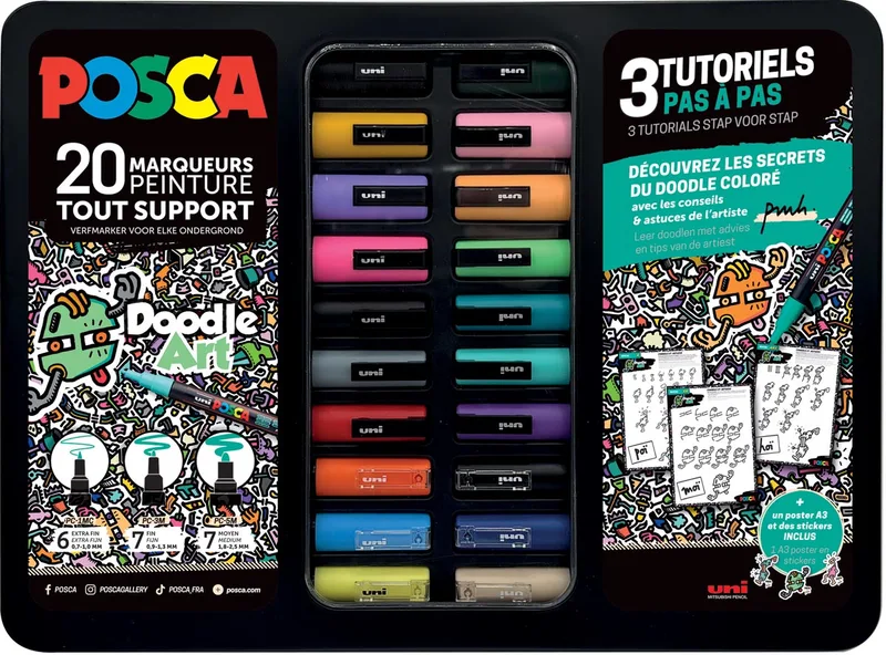 Uni Posca paintmarker Doodle Art, verschillende punten, metalen koffer van 20 stuks de Posca – photo produit