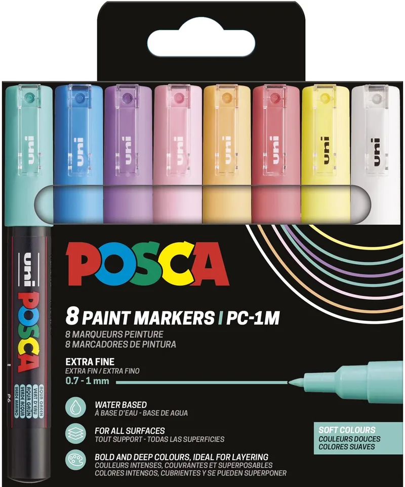Uni POSCA paintmarker PC-1MC, 0,7 - 1 mm, etui van 8 stuks in geassorteerde zachtekleuren de Posca – photo produit