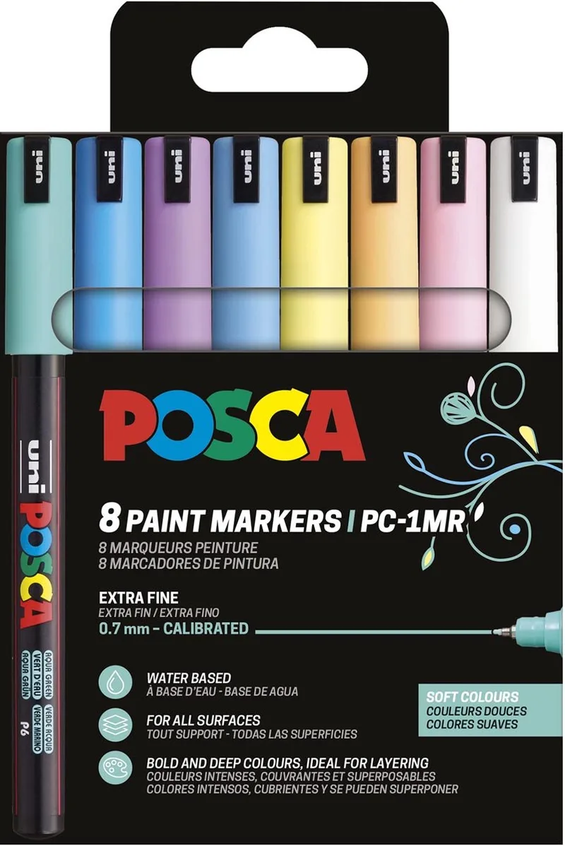 Uni POSCA paintmarker PC-1MR | 0,7 mm | etui van 8 stuks in geassorteerde zachte kleuren by Posca – product photo