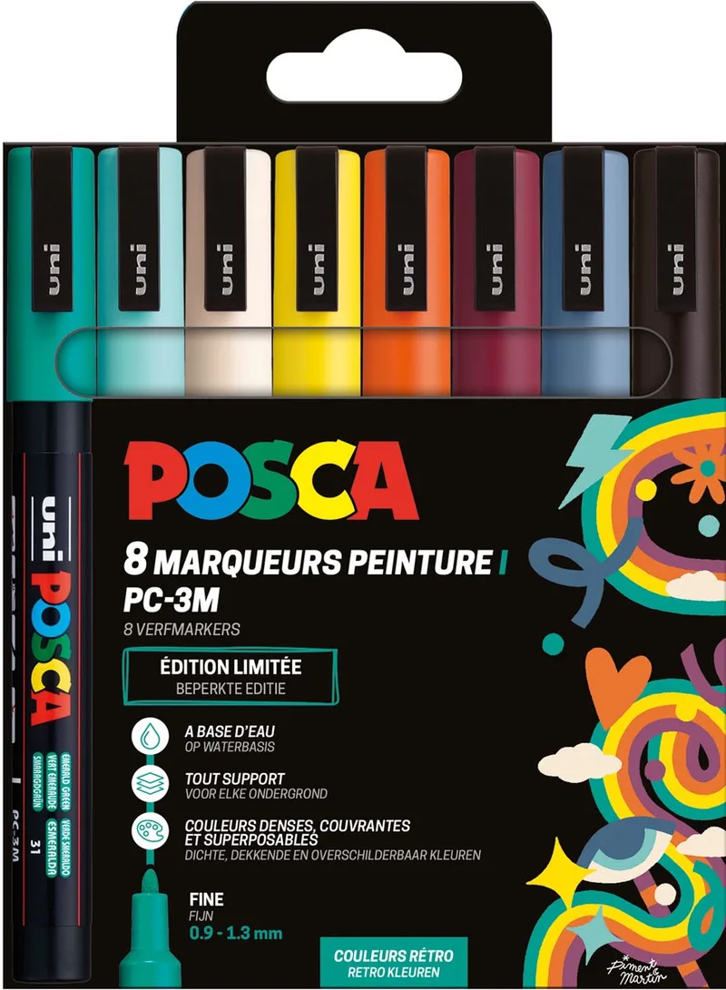 Uni POSCA paintmarker PC-3M, 1,5 mm, etui van 8 stuks in geassorteerde Retro kleuren van Posca – productfoto