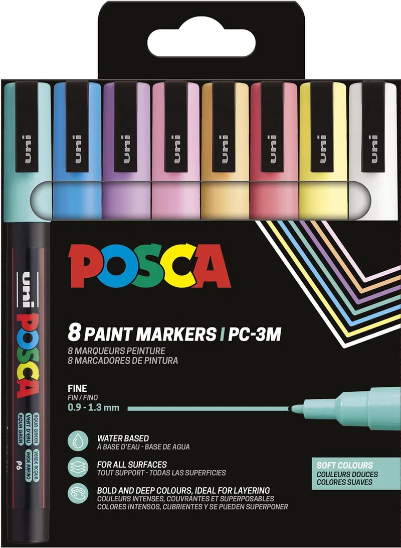 Uni POSCA paintmarker PC-3M, 1,5 mm, etui van 8 stuks in geassorteerde zachte kleuren by Posca – product photo
