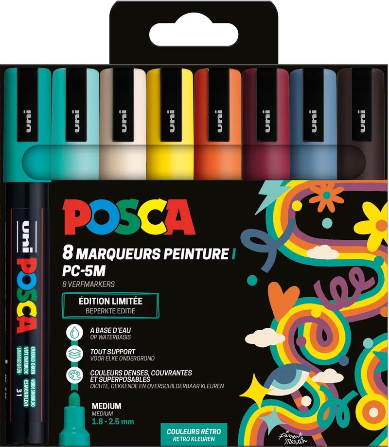 Uni POSCA paintmarker PC-5M, 1,8 - 2,5 mm, etui van 8 stuks in geassorteerde Retro kleuren by Posca – product photo