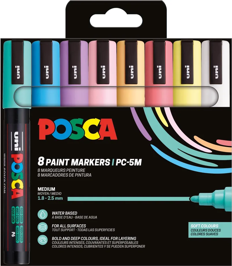 Uni POSCA paintmarker PC-5M, 1,8 - 2,5 mm, etui van 8 stuks in zachte kleuren by Posca – product photo
