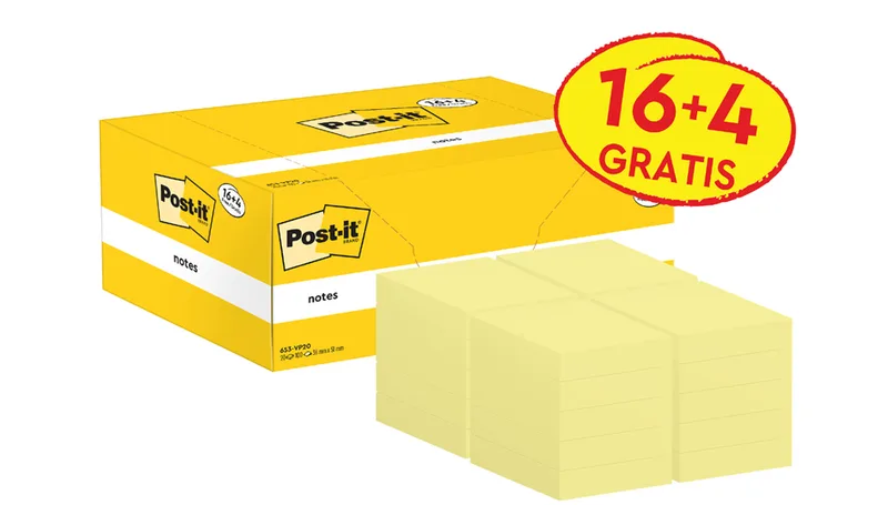 Haftnotizen notes, 127 x 76 mm, gelb, 16 + 4 gratis von Post-it – Produktfoto