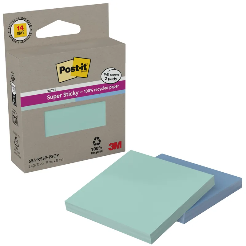 Haftnotizen super sticky Recycling notes, mint/blau von Post-it – Produktfoto