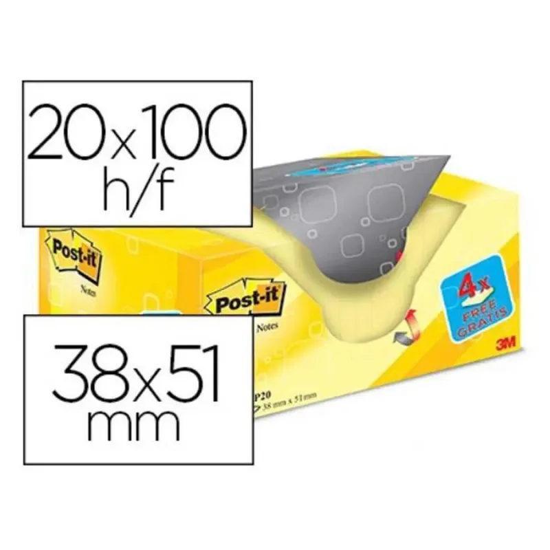Avtagbar Notisblock Kanariegul Kampanjförpackning 16+4 Gratis 38x51 Mm von Post-it – Produktfoto 2 von 2
