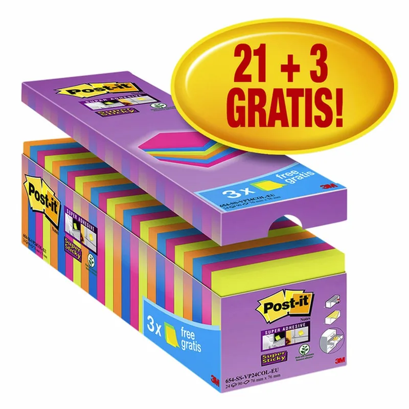 Memoblok Post-it 654 Super Sticky 76x76mm 21+3 gratis assorti von Post-it – Produktfoto