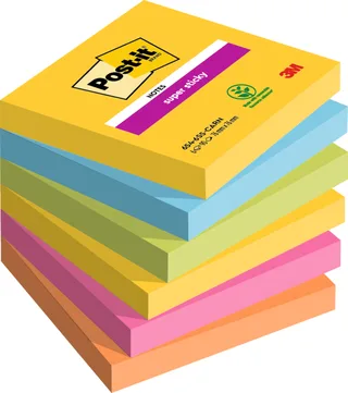 Memoblok Post-it 654 Super Sticky 76x76mm Carnival 6 stuks fra Post-it – produktbillede 1 af 2