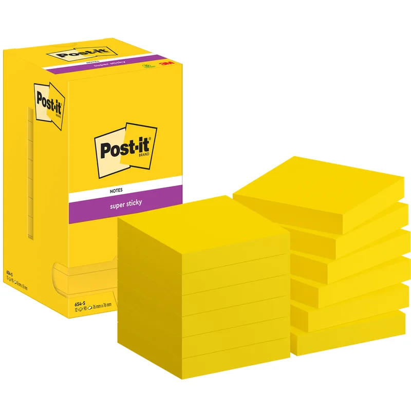 Memoblok post-it 654 super sticky 76x76mm geel | 12 stuks by Post-it – product photo