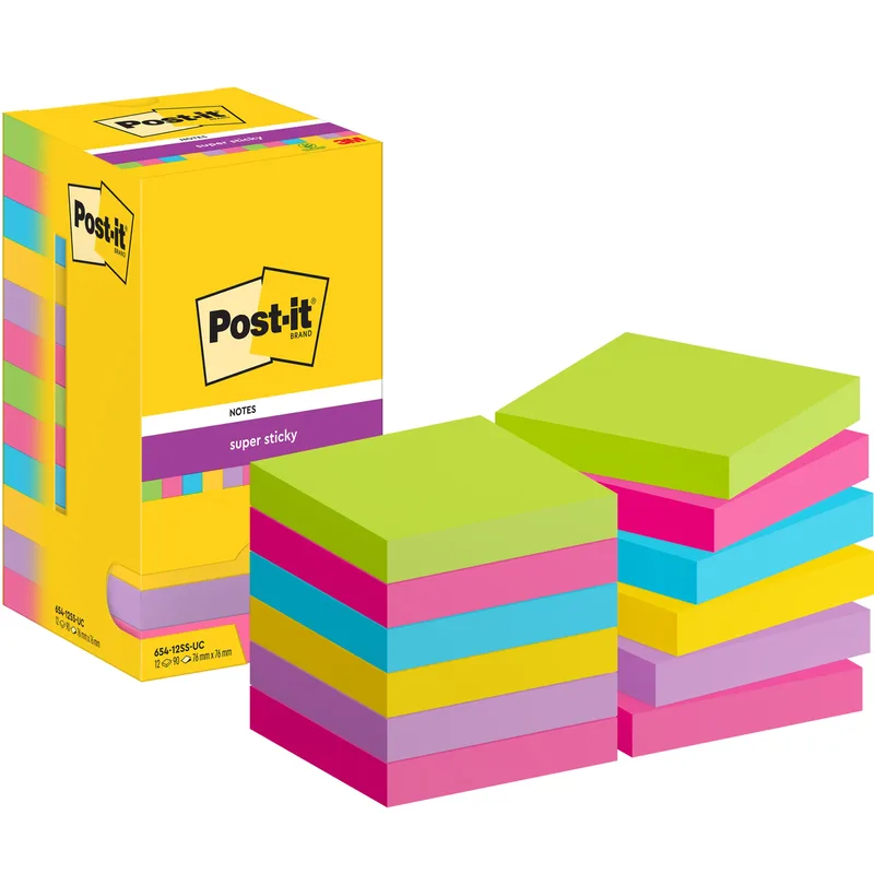 Memoblok post-it 654 super sticky 76x76mm rainbow | 12 stuks by Post-it – product photo