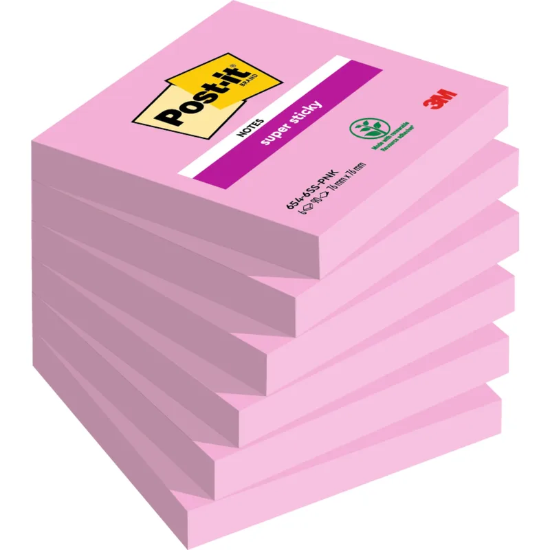 Memoblok post-it 654 super sticky 76x76mm roze | 6 stuks by Post-it – product photo