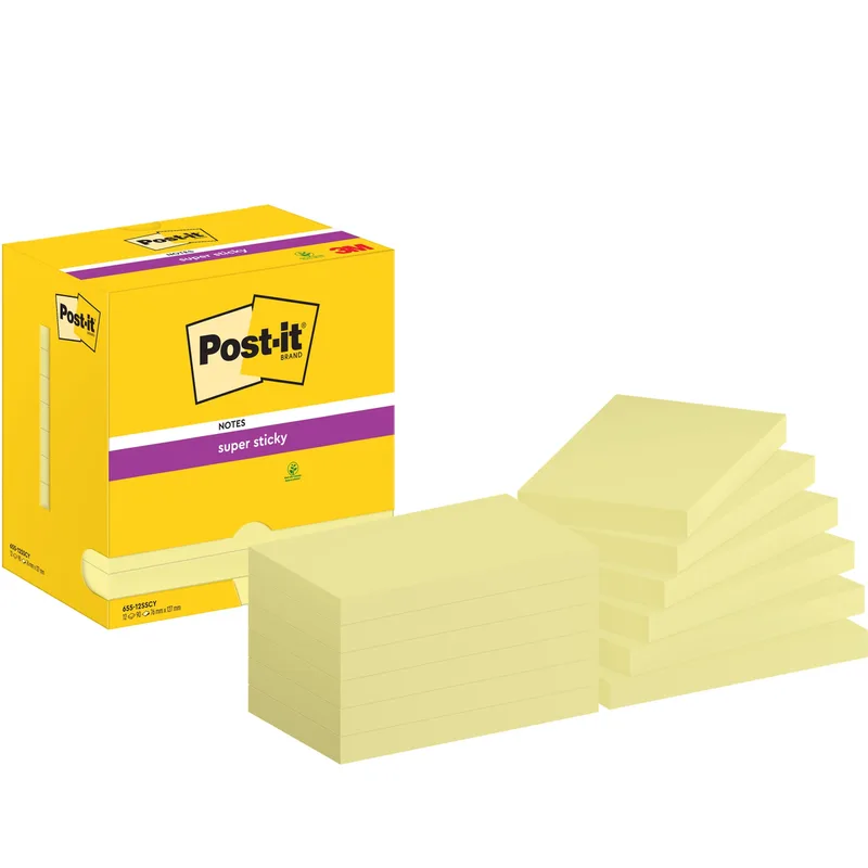 Memoblok post-it 655 super sticky 76x127mm geel | 12 stuks de Post-it – photo produit