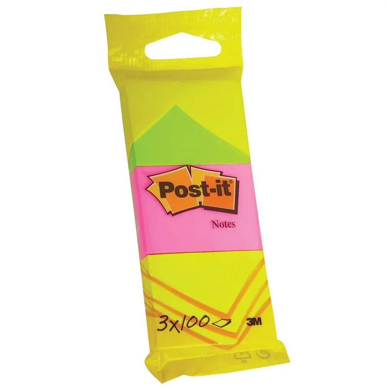 Notes, 100 vel, ft 38 x 51 mm, blister van 3 blokken in neongeel, guava roze en neongroen van Post-it – productfoto