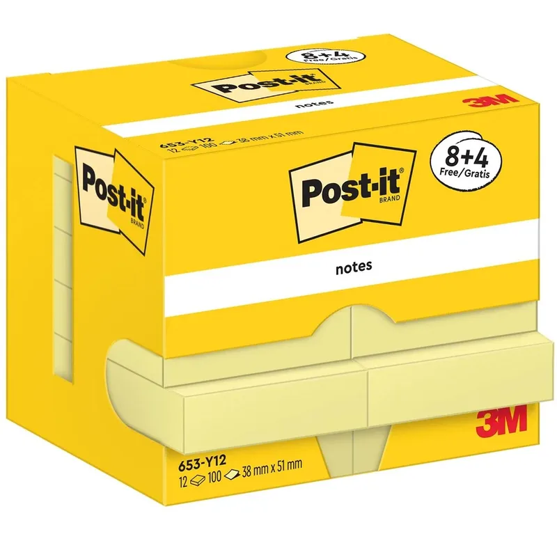Notes, 100 vel, ft 38 x 51 mm, geel, 8 + 4 GRATIS de Post-it – photo produit