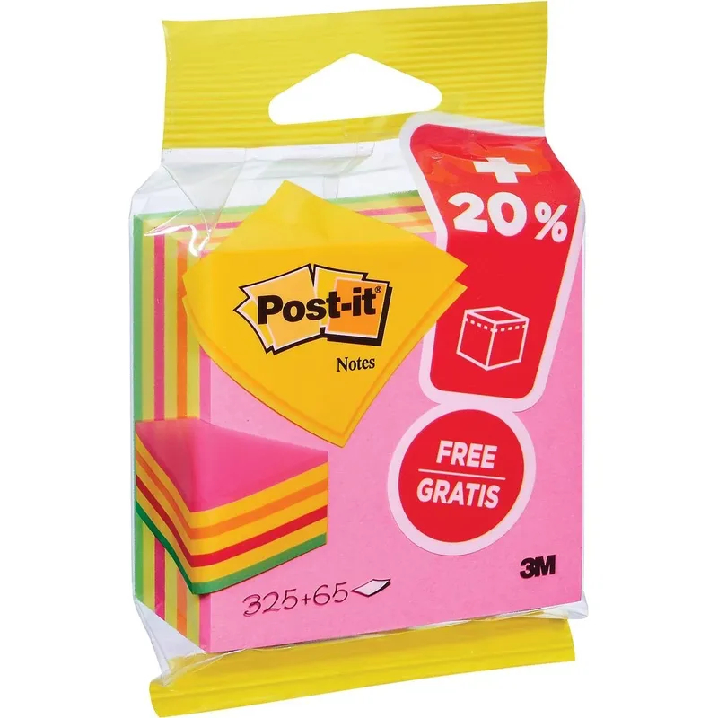 Notes kubus ft 76 mm x 76 mm, Neon, blok van 325 + 65 vel gratis, op blister van Post-it – productfoto