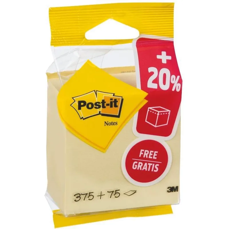 Notes kubus ft 76 x 76 mm, geel, blok van 450 vel, op blister van Post-it – productfoto