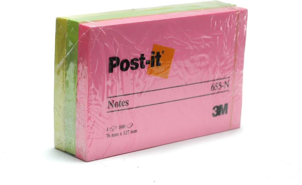 Post-it - 76x127 - 655-N - 3m, Pink,green and yellow van Post-it in Roze groen en geel – productfoto