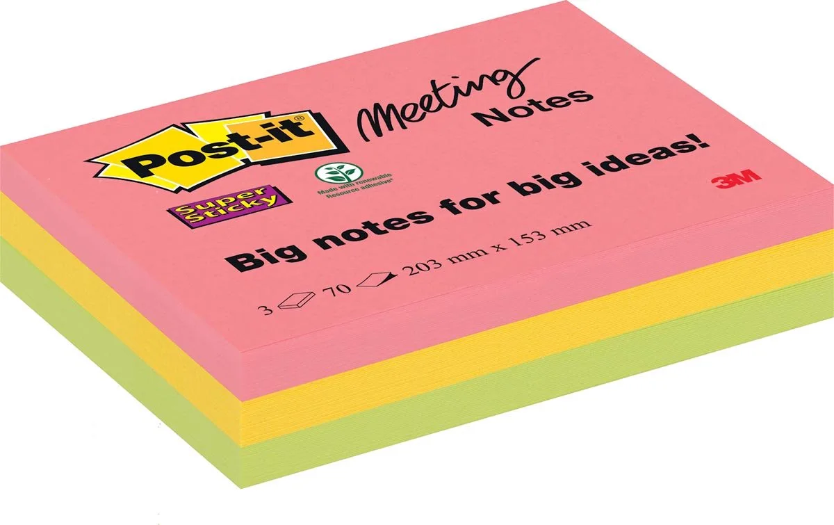 Super Sticky Meeting notes, 70 vel, ft 203 x 153 mm, geassorteerde kleuren, pak van 3 blokken 6 stuks de Post-it en Assortiment aan kleuren – photo produit
