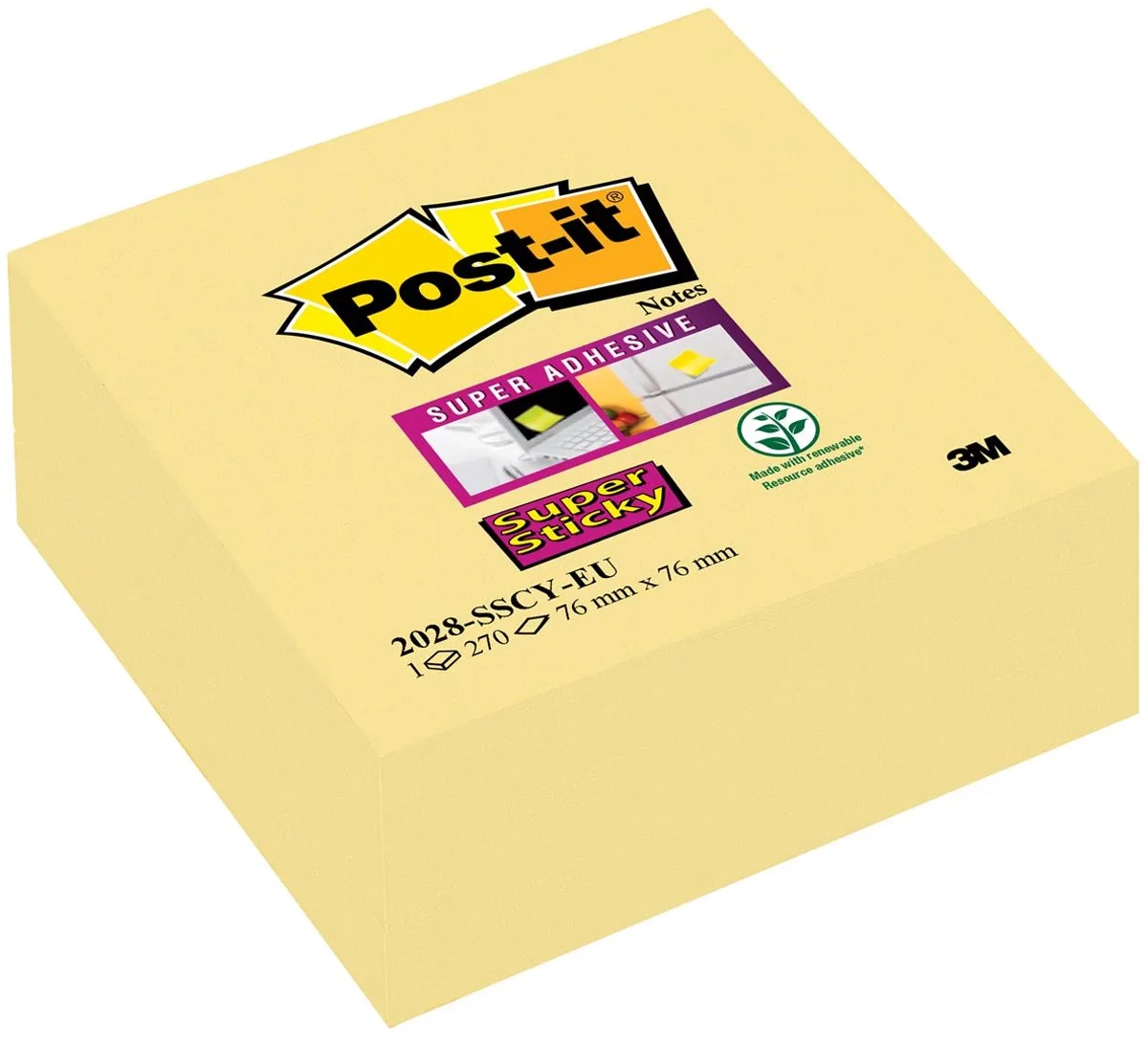 Super Sticky Notes, Canary Yellow™, 76mm x 76 mm, 270 blaadjes/blok de Post-it en 270 – photo produit