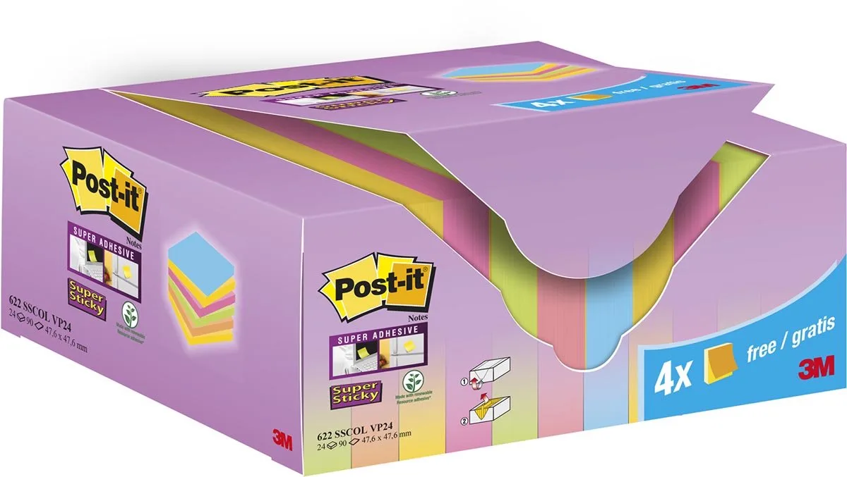Super Sticky Notes Colour | 90 vel | ft 47 | 6 x 47 | 6 mm | 20 + 4 GRATIS de Post-it en 90 – photo produit