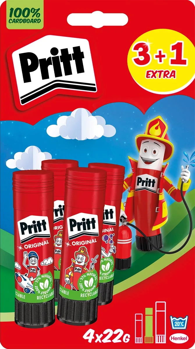Original plakstift, 22 g, 3 + 1 gratis, op blister van Pritt – productfoto