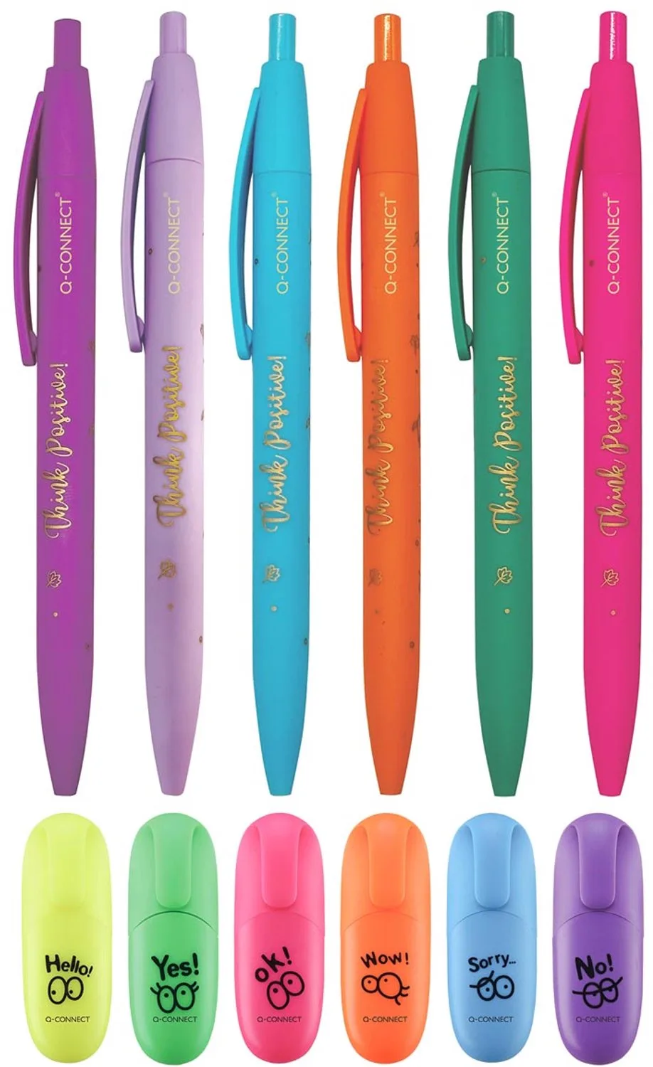 6 balpennen met 6 mini-markeerstiften, Q-Connect Think Positive, geassorteerde kleuren de Q-Connect en Jaune, Orange, Rose, Violet, Vert, Bleu – photo produit