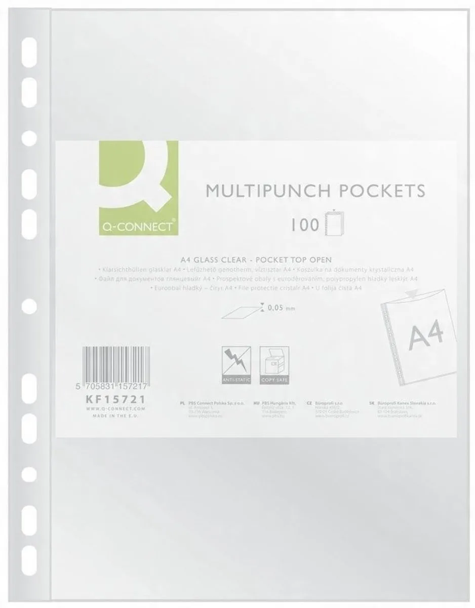 A4 PP Kristal Transparante Documenthoezen (100 stuks) by Q-Connect in Kristal Transparant – product photo