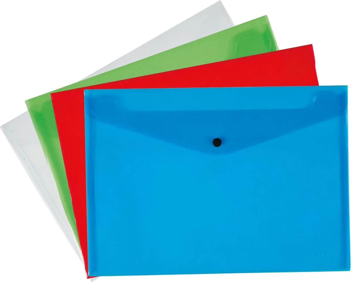documentenmap, A4, transparante PP, drukknopsluiting, geassorteerde kleuren, pak van 12 stuks by Q-Connect in Multicolour – product photo