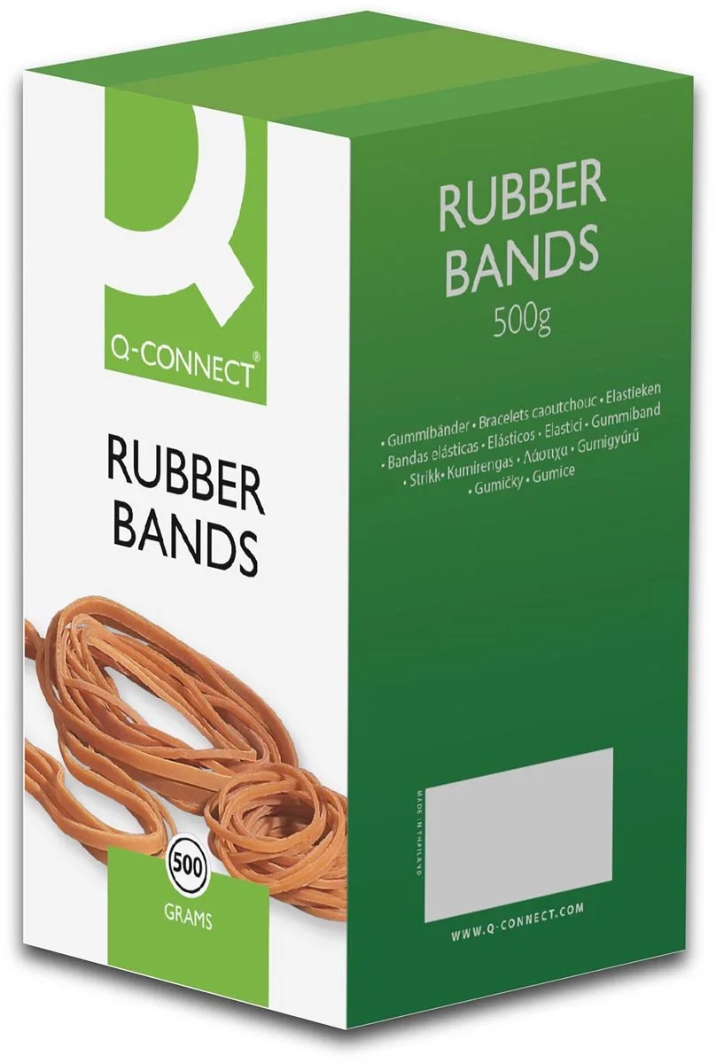 elastieken, breedte 1,5 mm, lengte 100 mm, nr 20, doos van 500 g från Q-Connect i Brun – produktbild