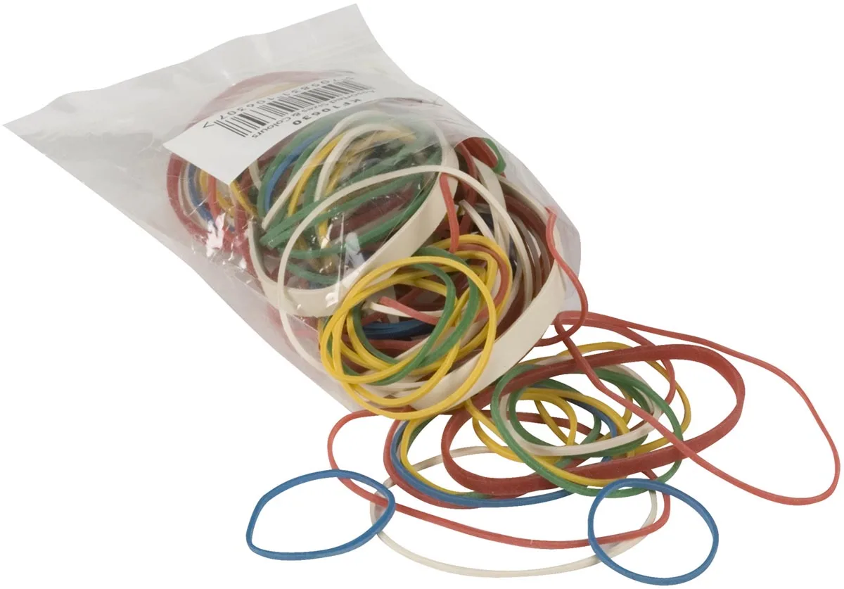 elastieken, breedte 1,5 mm, verschillende lengtes, 25 g, geassorteerde kleuren von Q-Connect – Produktfoto