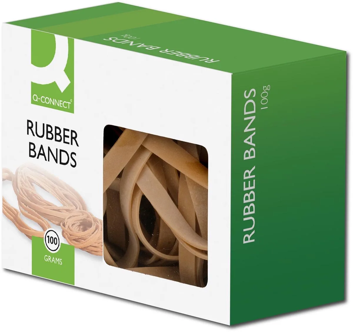 elastieken, breedte 9 mm, lengte 140 mm, nr 78, doosje van 100 g från Q-Connect i Brun – produktbild