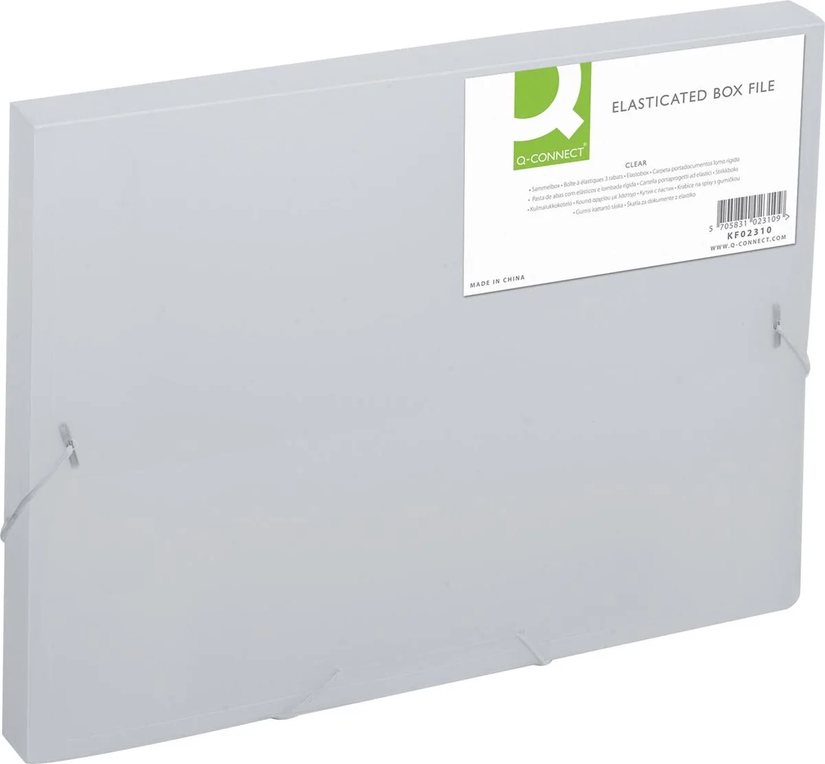 elastobox, met elastieken, A4, rug 25 mm, 12 stuks fra Q-Connect i Gennemsigtig – produktbillede