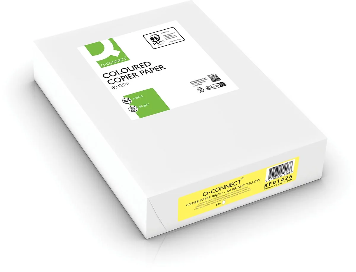 gekleurd kopieerpapier, A4, 80g, pak van 500 vel, felgeel van Q-Connect – productfoto