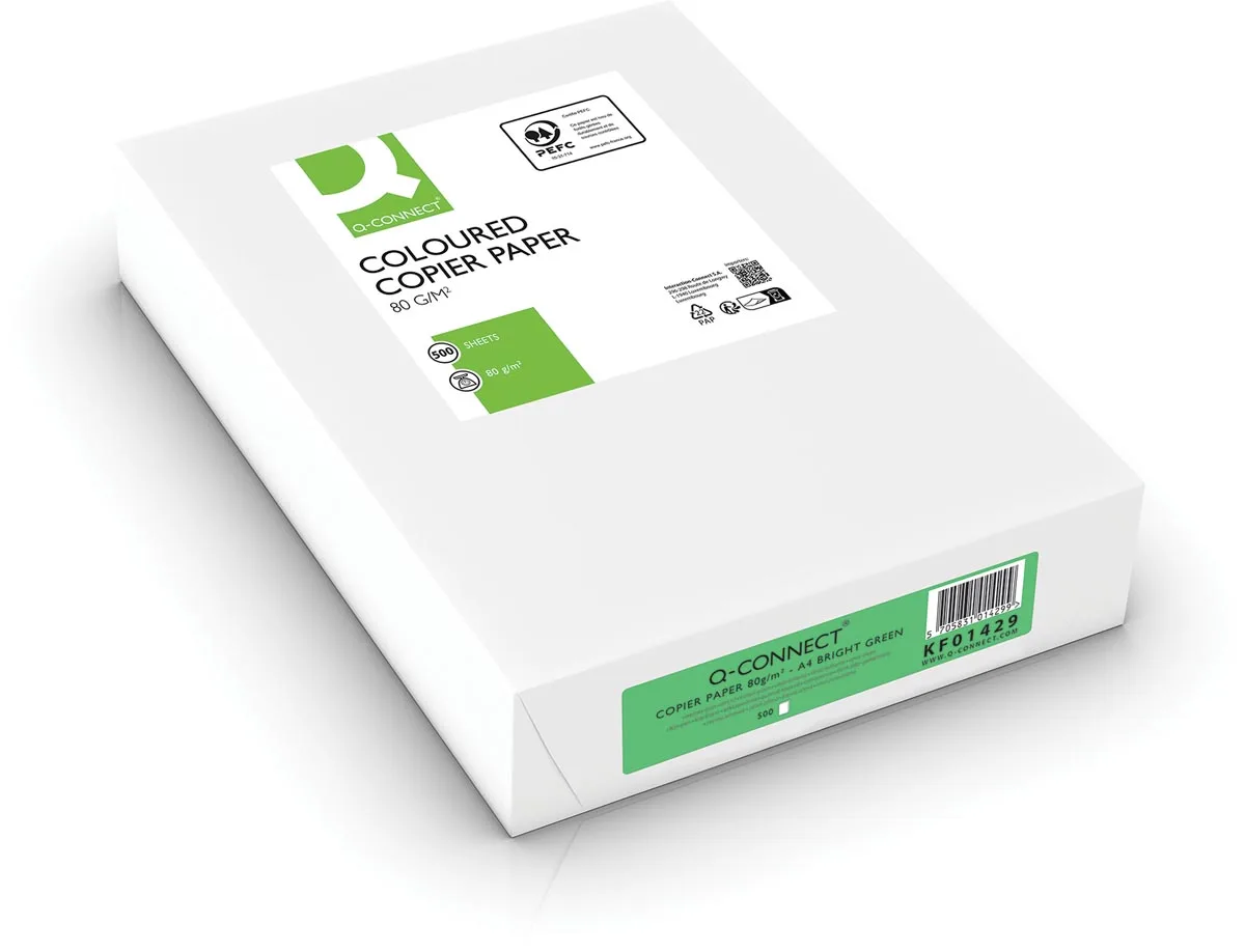 gekleurd kopieerpapier, A4, 80g, pak van 500 vel, felgroen fra Q-Connect – produktbillede