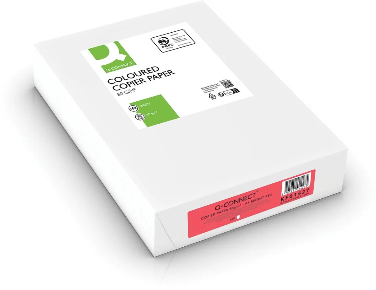 gekleurd kopieerpapier | A4 | 80g | pak van 500 vel van Q-Connect in Felrood – productfoto