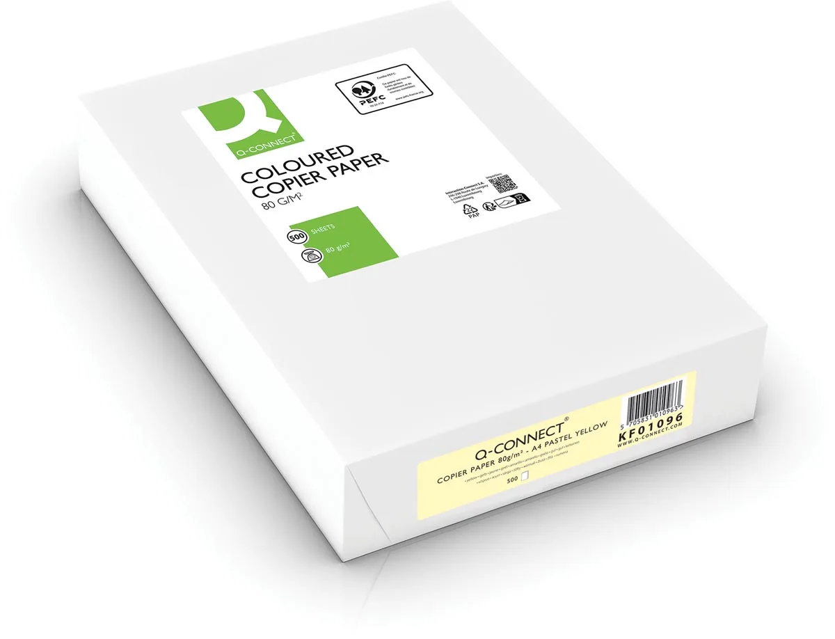 gekleurd kopieerpapier, A4, 80g, pak van 500 vel, lichtgeel från Q-Connect – produktbild