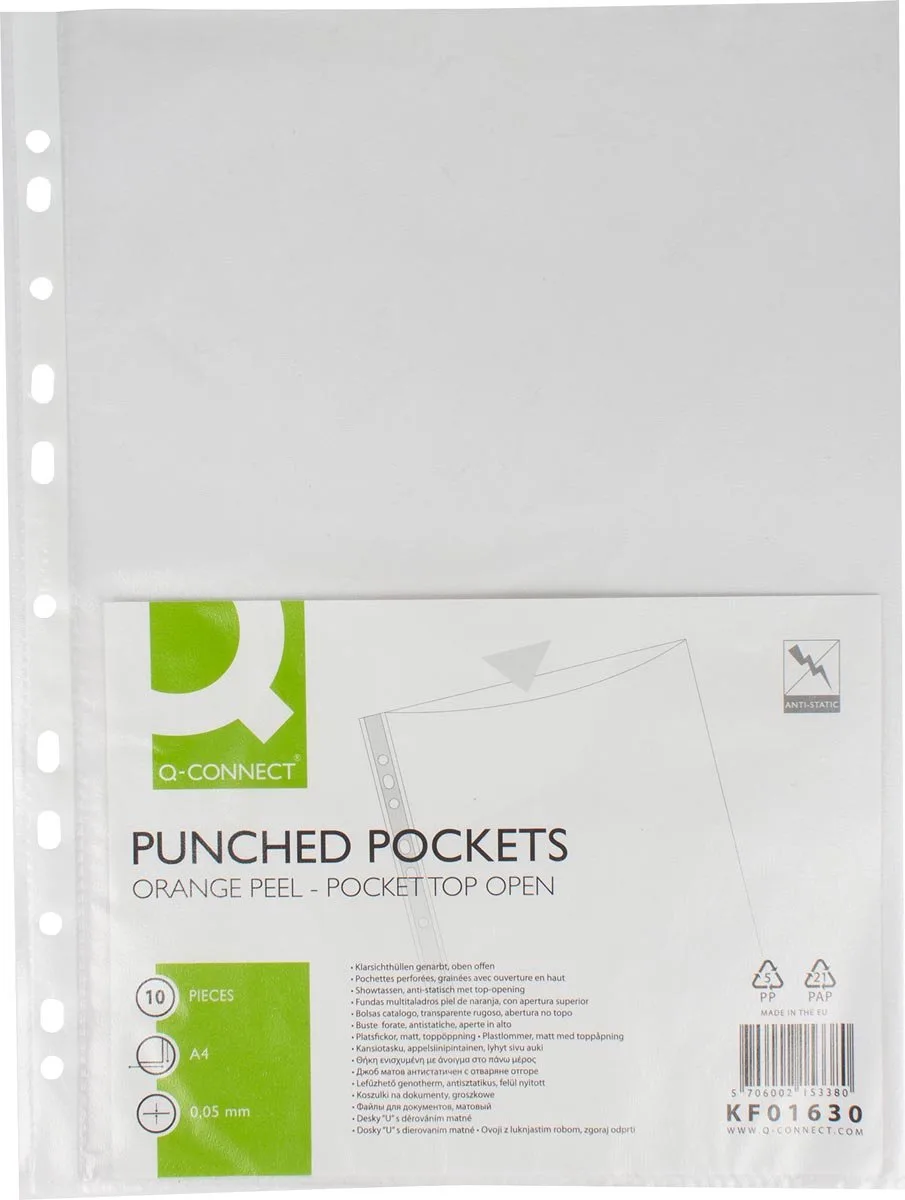 geperforeerde showtas A4 8-gaatsperforatie gekorreld 50 micron pak van 10 stuks by Q-Connect – product photo