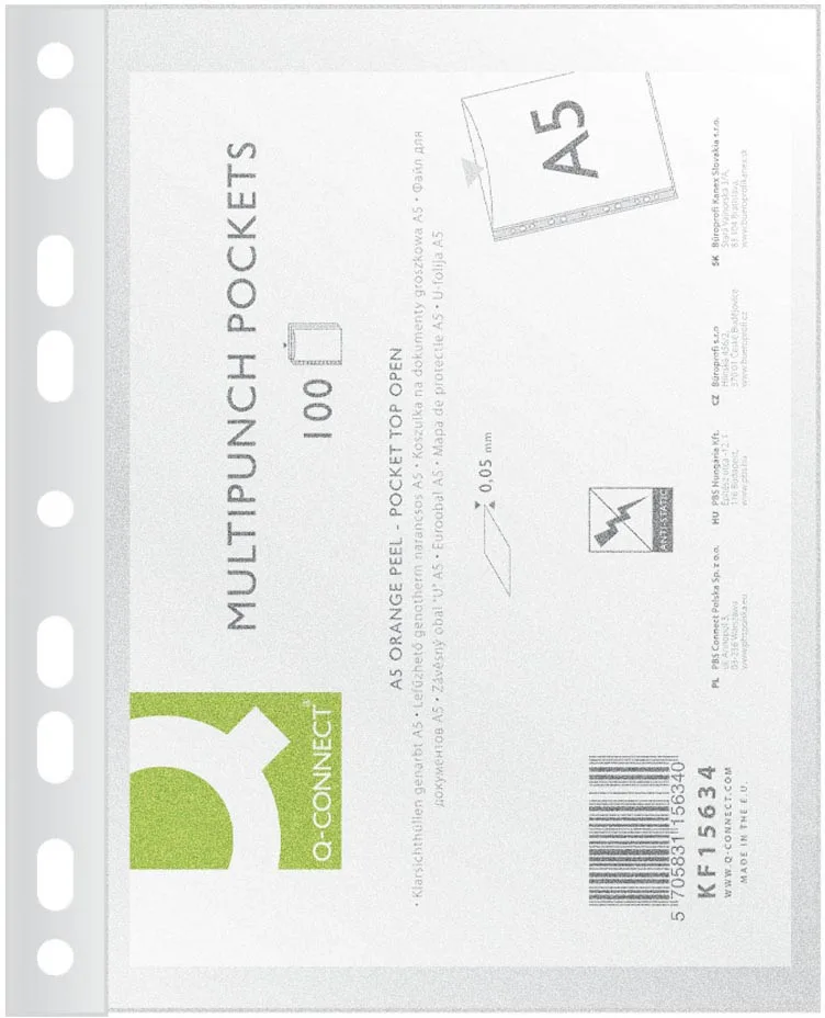 geperforeerde showtas, ft A5, 9-gaatsperforatie, PP, 50 micron, pak van 100 stuks fra Q-Connect – produktbillede