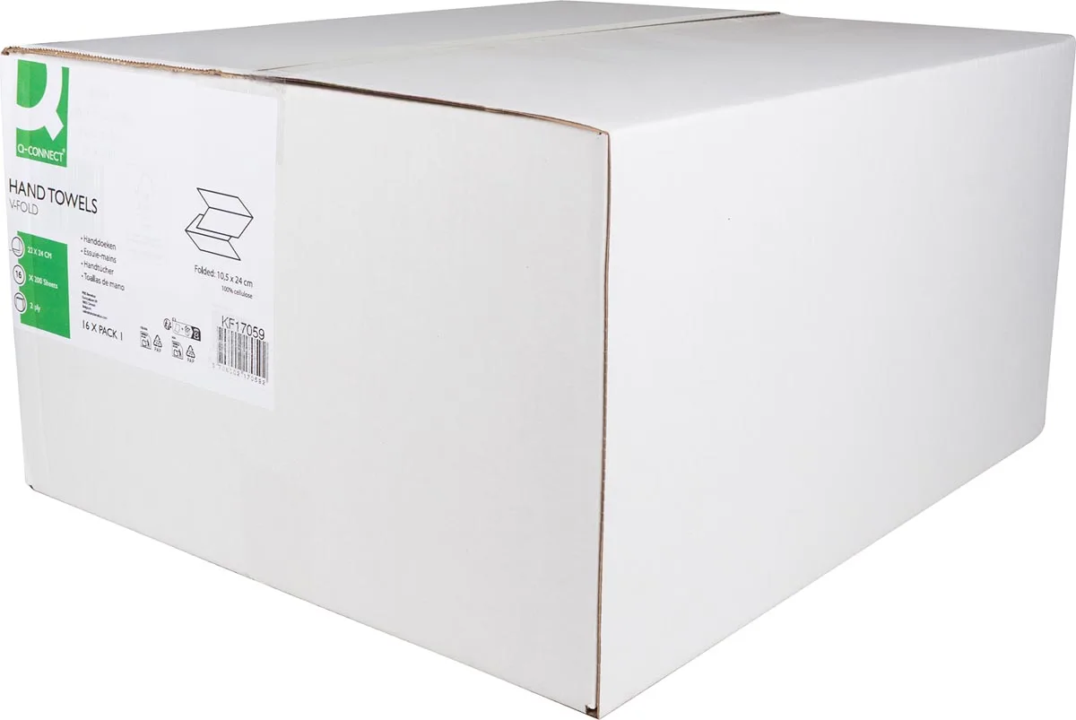 handdoek, papier, V-vouw, 2-laags, 200 vel, pak van 16 stuks , 100 % cellulose fra Q-Connect – produktbillede