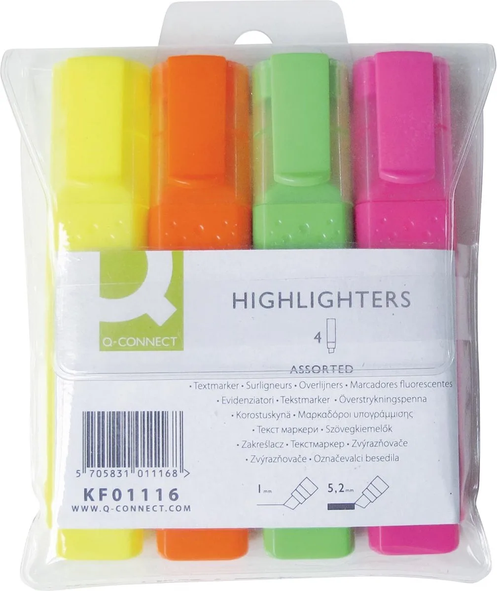 markeerstift, geassorteerde kleuren, etui van 4 stuks 6 stuks van Q-Connect in Assortiment aan kleuren – productfoto