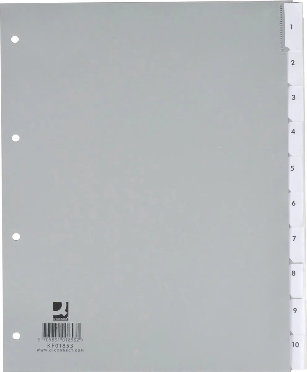 neutrale tabbladen, A4, PP, 10 tabs de Q-Connect en Gris – photo produit