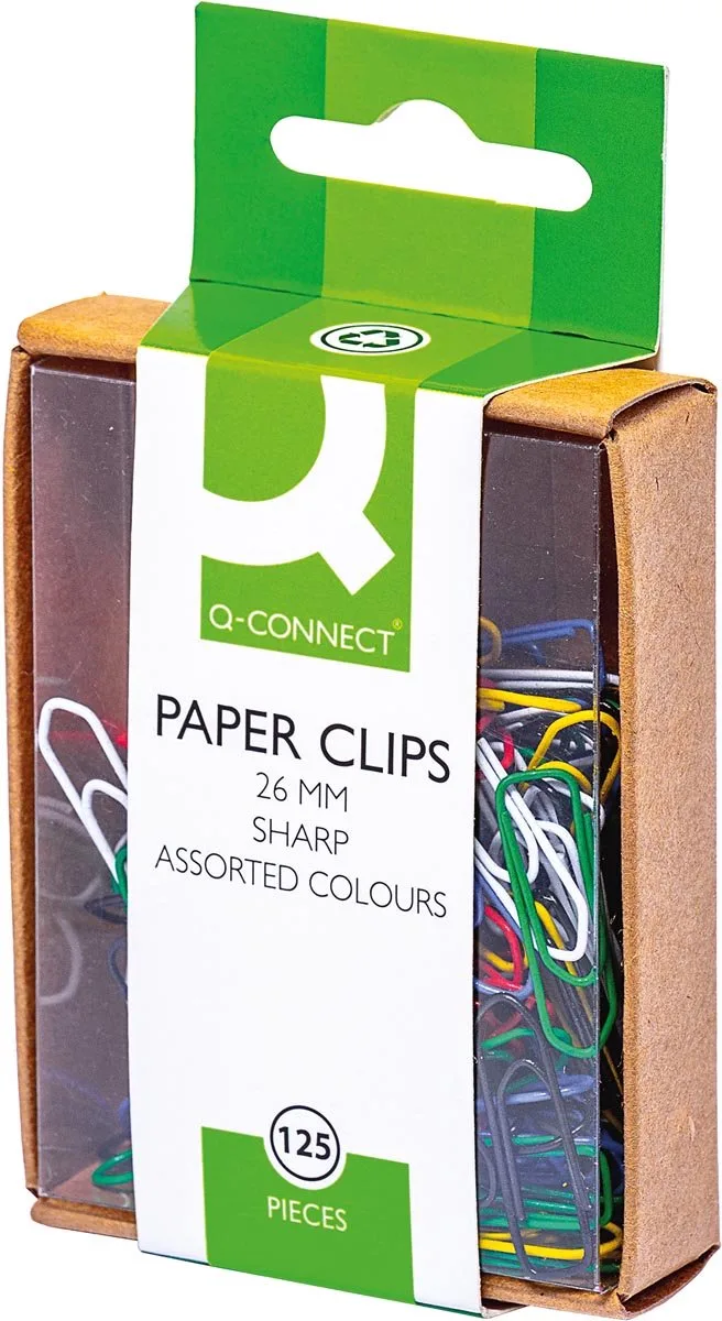 papierklemmen, 26 mm, gekleurd, doos van 125 stuks, ophangbaar 10 stuks de Q-Connect en Assortiment aan kleuren – photo produit