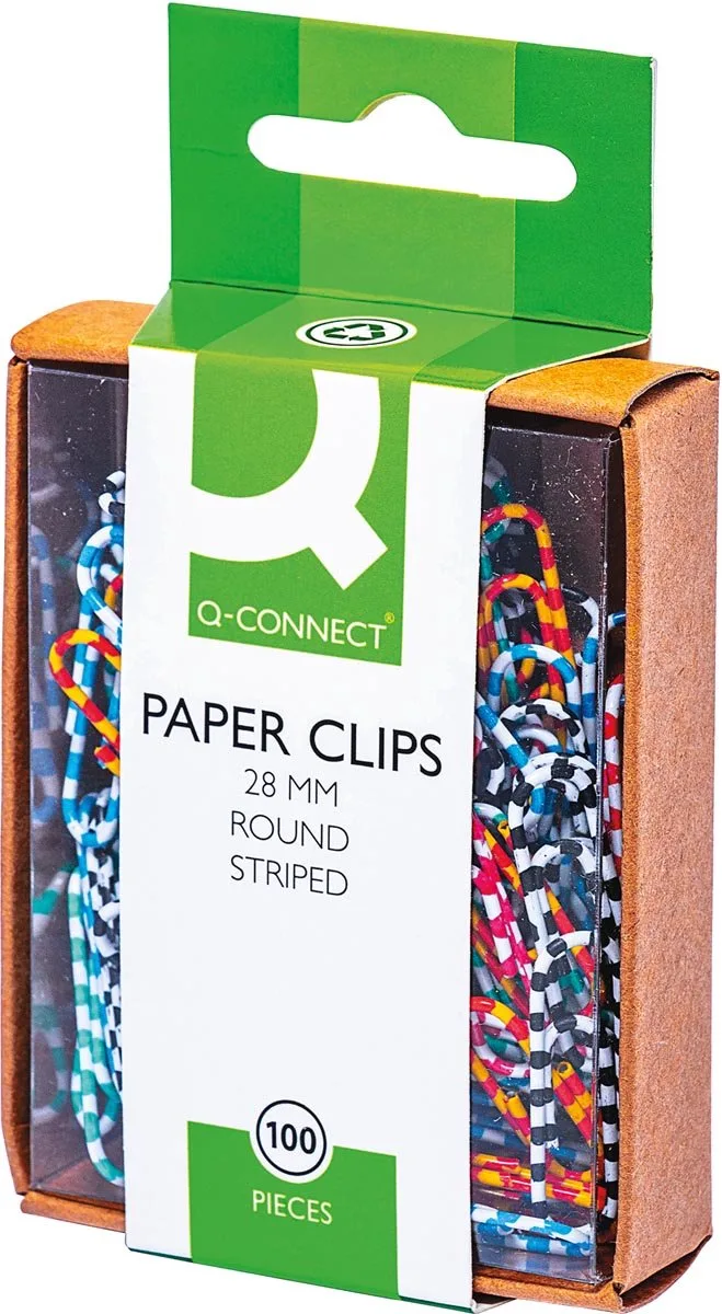 papierklemmen, 28 mm, 10 dozen van 100 stuks, gestreept in wit en geassorteerde kleuren de Q-Connect en Assortiment aan kleuren – photo produit