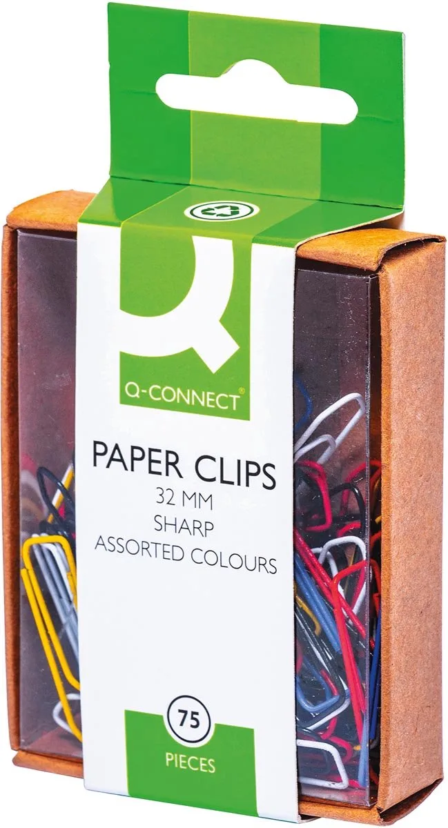 papierklemmen, 32 mm, doos van 75 stuks, ophangbaar, geassorteerde kleuren. 10 stuks by Q-Connect in Assortiment aan kleuren – product photo