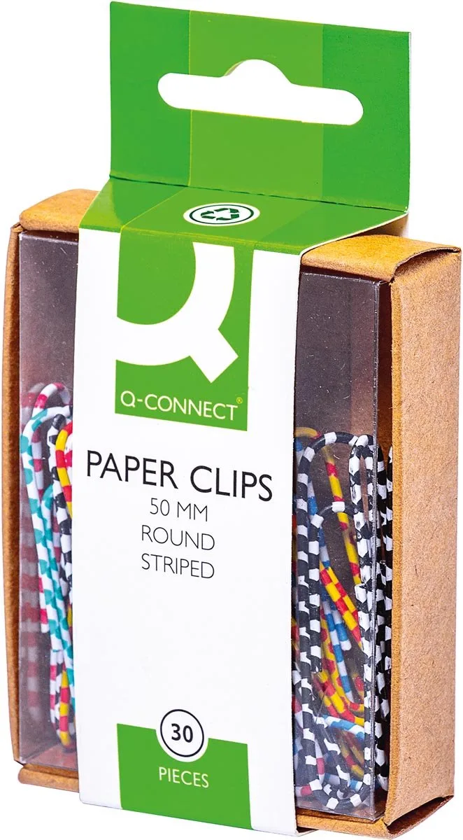 papierklemmen, 50 mm, doos van 30 stuks, gestreept in wit en geassorteerde kleuren 10 stuks fra Q-Connect i Assortiment aan kleuren – produktbillede